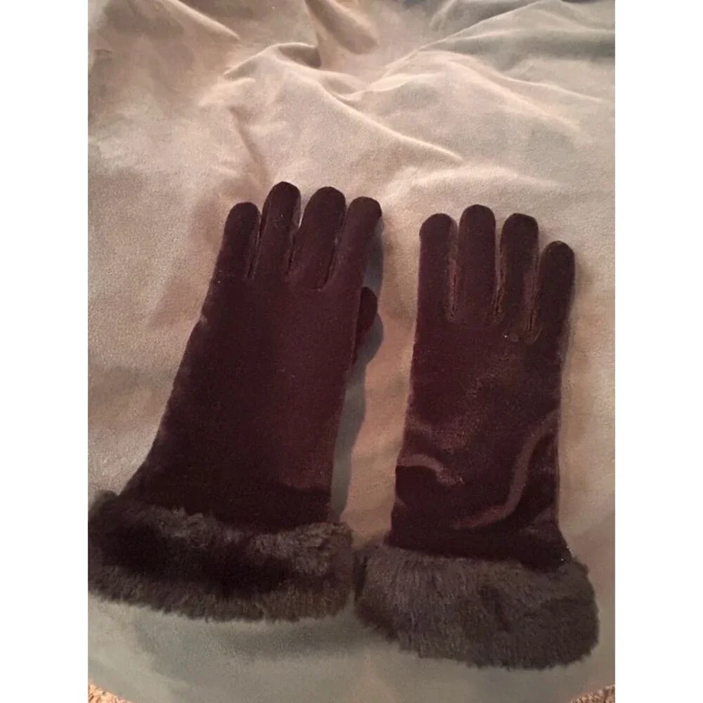 Lot of 2 Pairs Women's Black Winter Gloves Genuine Suede Leather Fur Trim Velvet